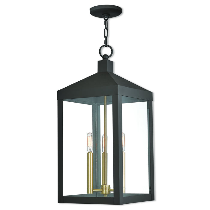 Livex Lighting 20587-07 Three Light Outdoor Pendant, Bronze w/ Antique Brass Cluster