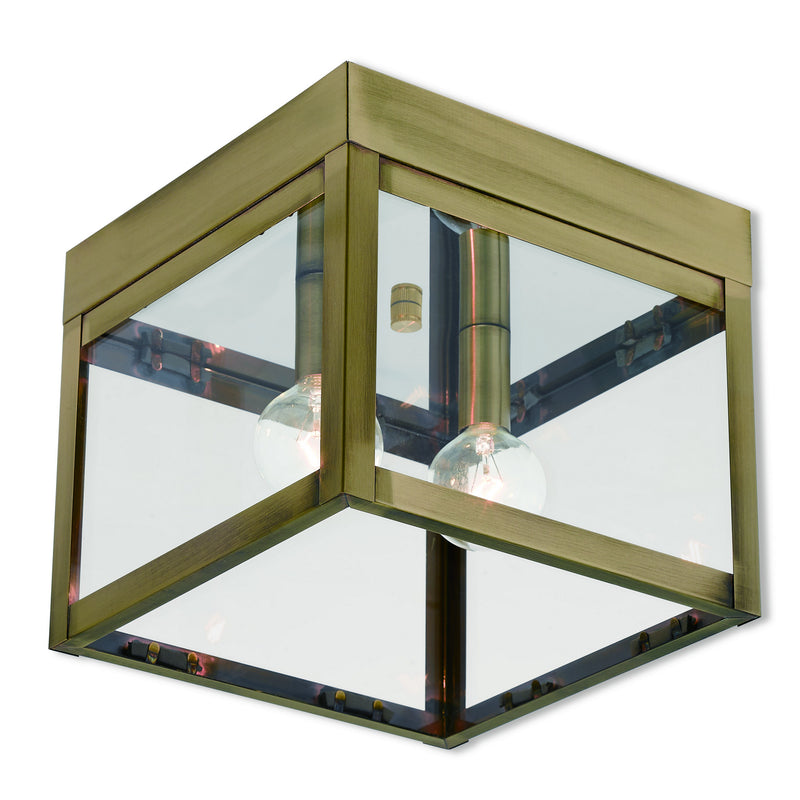Livex Lighting 20588-01 Two Light Outdoor Ceiling Mount, Antique Brass w/ Polished Chrome Stainless Steel