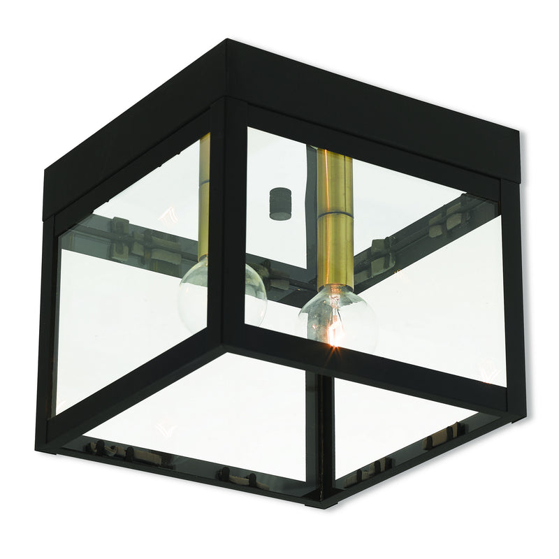 Livex Lighting 20588-07 Two Light Outdoor Ceiling Mount, Bronze w/ Antique Brass Cluster w/ Polished Chrome Stainless Steel