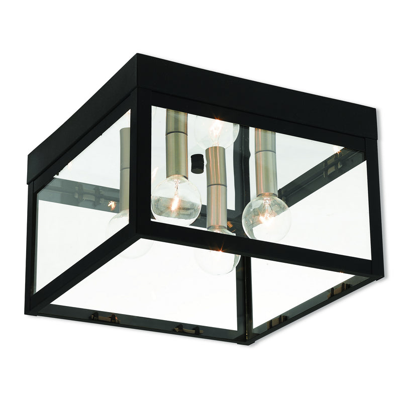 Livex Lighting 20589-04 Four Light Outdoor Ceiling Mount, Black w/ Brushed Nickel Cluster