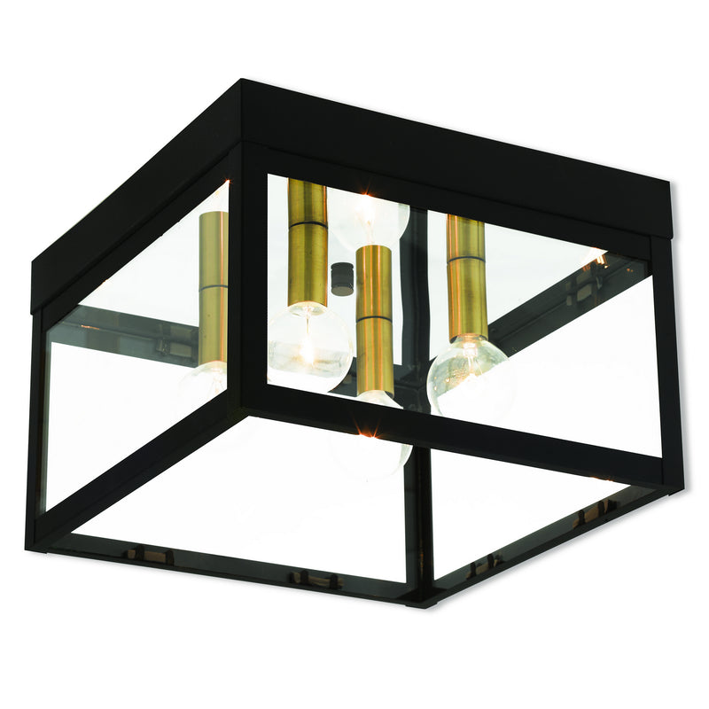 Livex Lighting 20589-07 Four Light Outdoor Ceiling Mount, Bronze w/ Antique Brass Cluster w/ Polished Chrome Stainless Steel