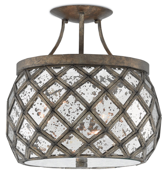 Currey and Company 9999-0029 Three Light Semi-Flush Mount, Pyrite Bronze/Raj Mirror