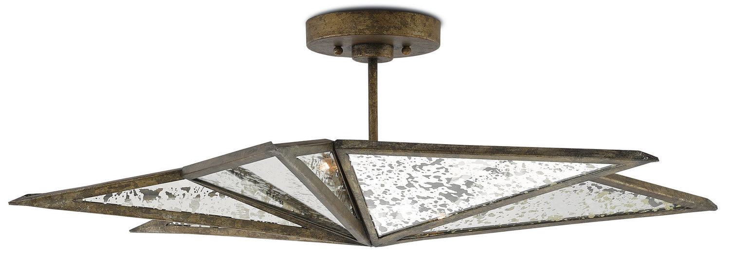 Currey and Company 9999-0031 Three Light Semi-Flush Mount, Pyrite Bronze/Raj Mirror