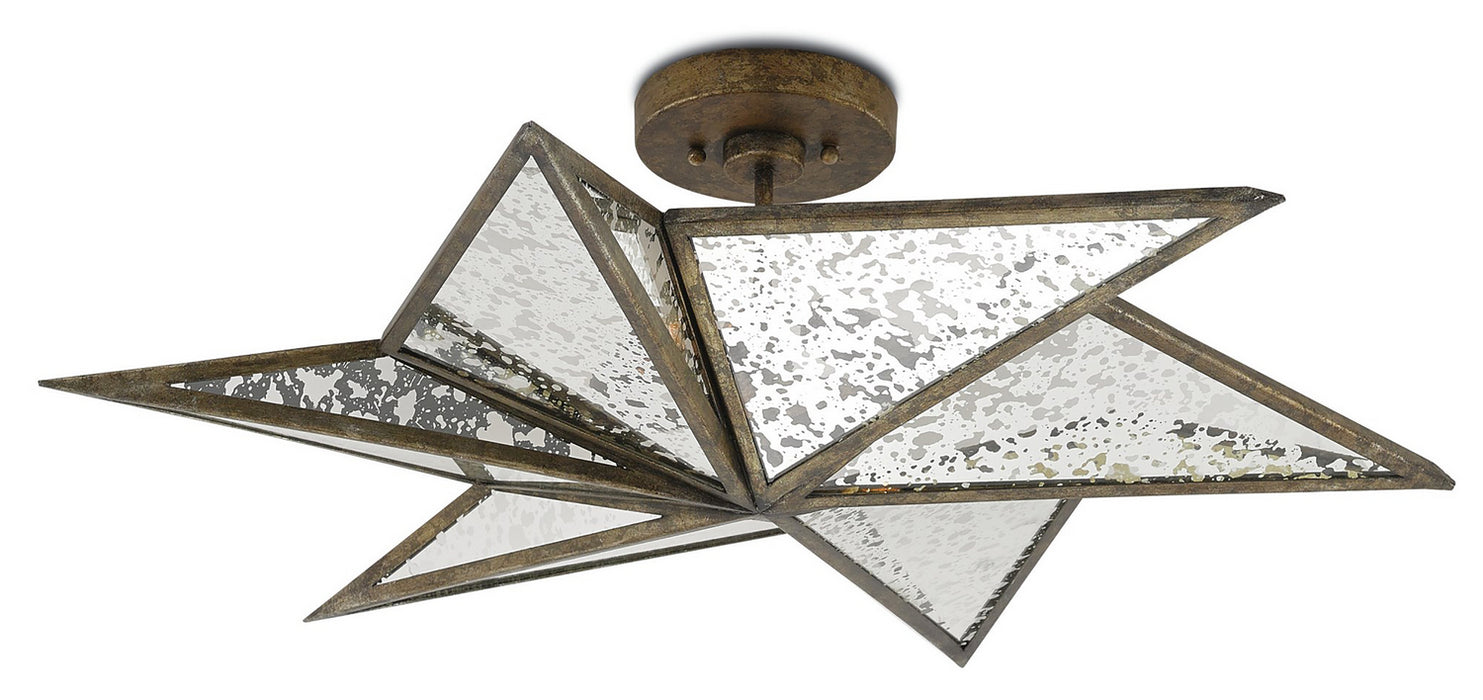Currey and Company 9999-0031 Three Light Semi-Flush Mount, Pyrite Bronze/Raj Mirror