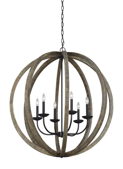Visual Comfort Studio F3186/6WOW/AF Six Light Pendant, Weathered Oak Wood / Antique Forged Iron