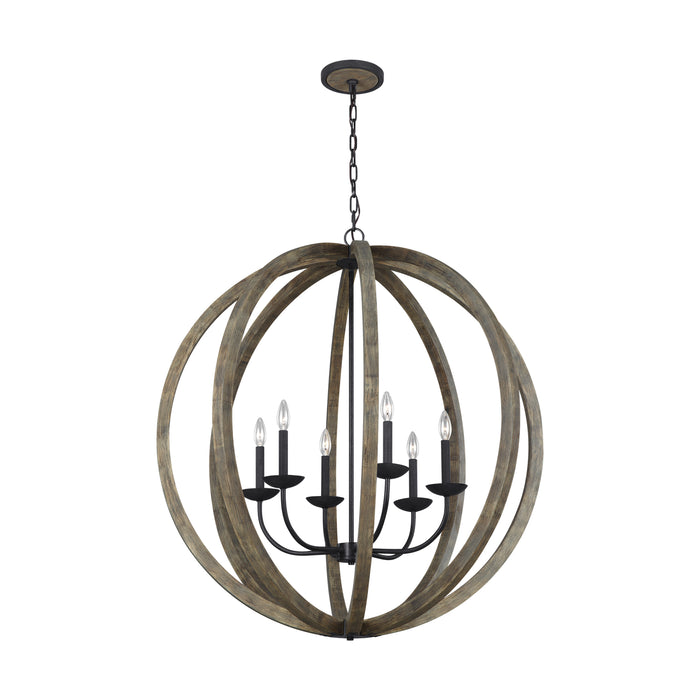 Visual Comfort Studio F3186/6WOW/AF Six Light Pendant, Weathered Oak Wood / Antique Forged Iron