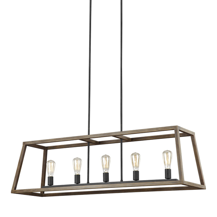 Visual Comfort Studio F3193/5WOW/AF Five Light Linear Chandelier, Weathered Oak Wood / Antique Forged Iron