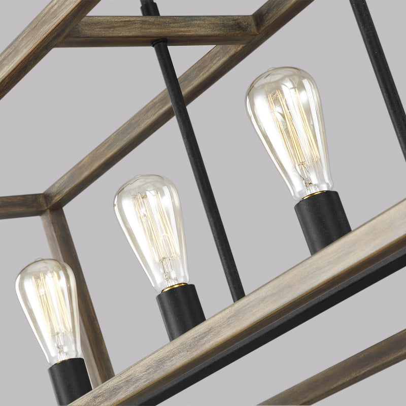 Visual Comfort Studio F3193/5WOW/AF Five Light Linear Chandelier, Weathered Oak Wood / Antique Forged Iron