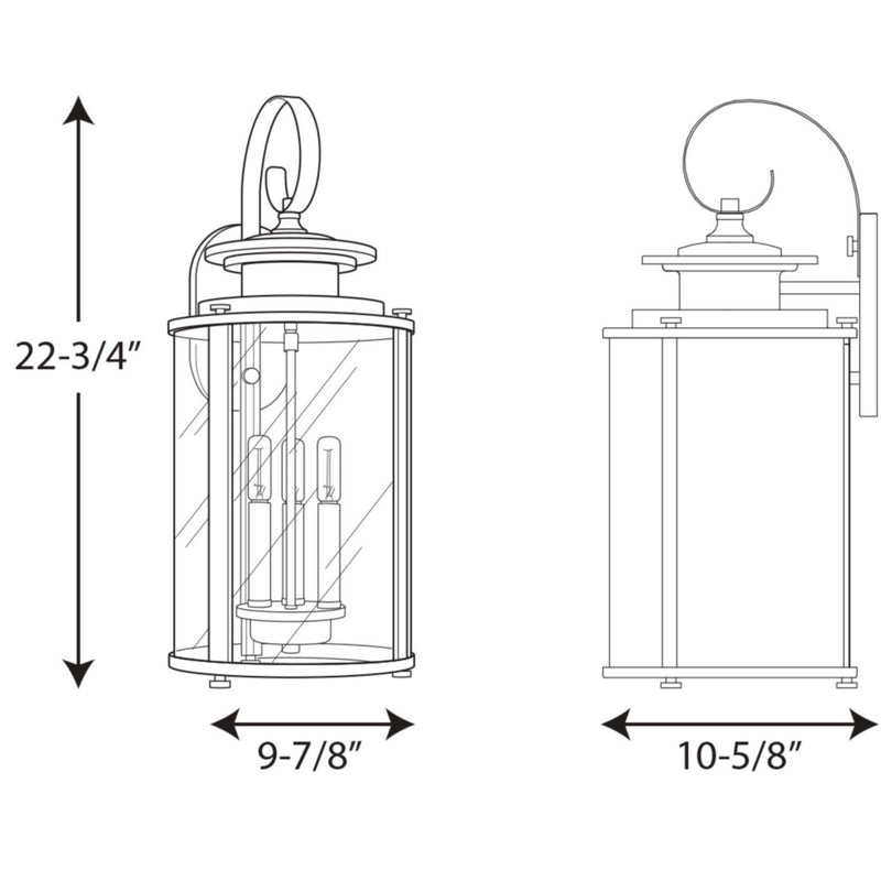 Progress Lighting P560038-031 Three Light Large Wall Lantern, Black