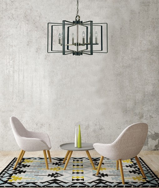 Framburg 3055 PN/MBLACK Six Light Chandelier, Polished Nickel w/Matte Black