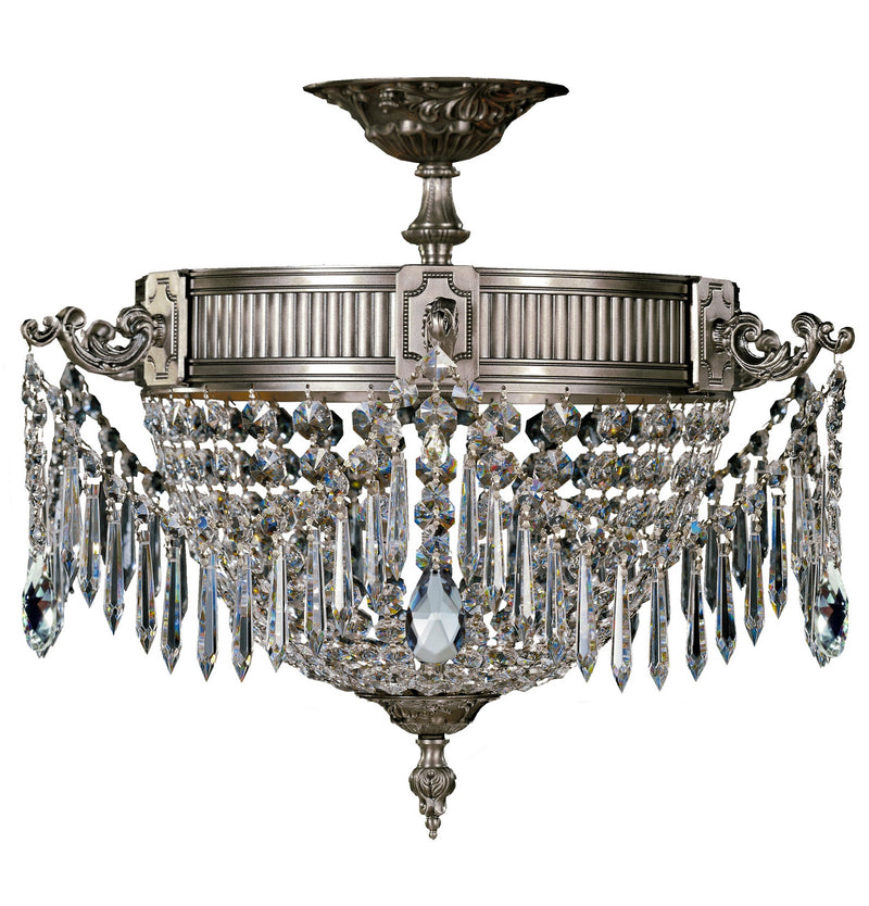 American Brass & Crystal FM8011-P-10G Three Light Semi-Flush Mount, Antique Silver