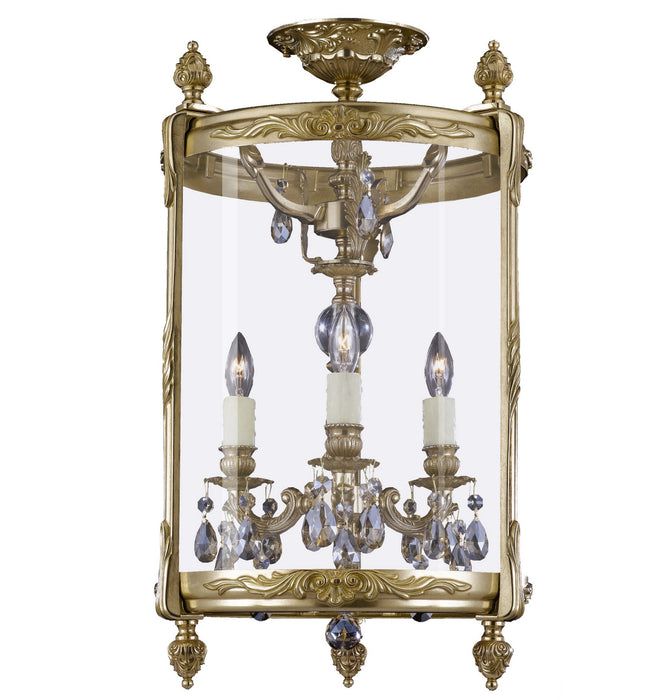 American Brass & Crystal LTFM2213-OLN-16G-PI Three Light Semi-Flush Mount, True Brass
