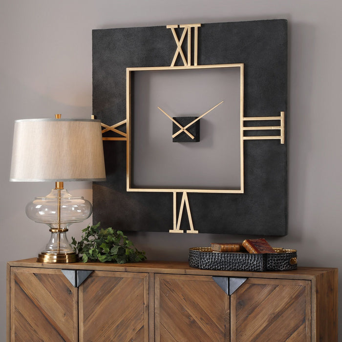 Uttermost 06448 Wall Clock, Textured Black Concrete w/Antiqued Gold Leaf