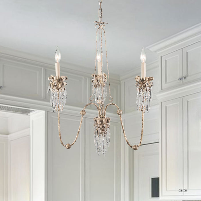 Lucas + McKearn CH1060-3 Three Light Mini Chandelier, Hand-Painted Beige Patina W/Cut-Glass Crystals