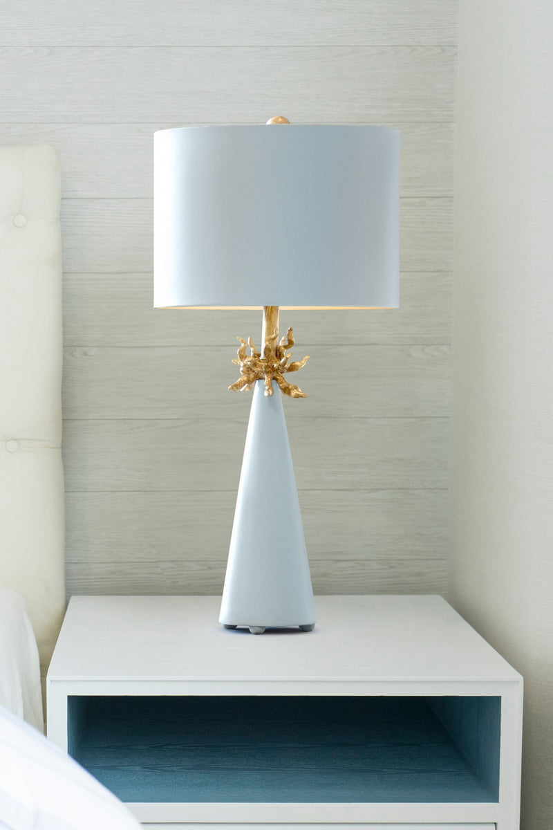 Lucas + McKearn TA1259 One Light Table Lamp, Le Ciel Blue Cone W/Gold Leafed Anemone