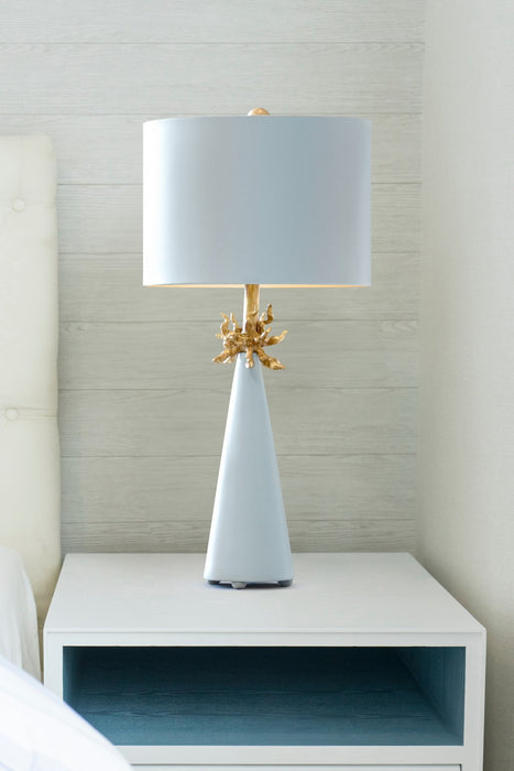 Lucas + McKearn TA1259 One Light Table Lamp, Le Ciel Blue Cone W/Gold Leafed Anemone