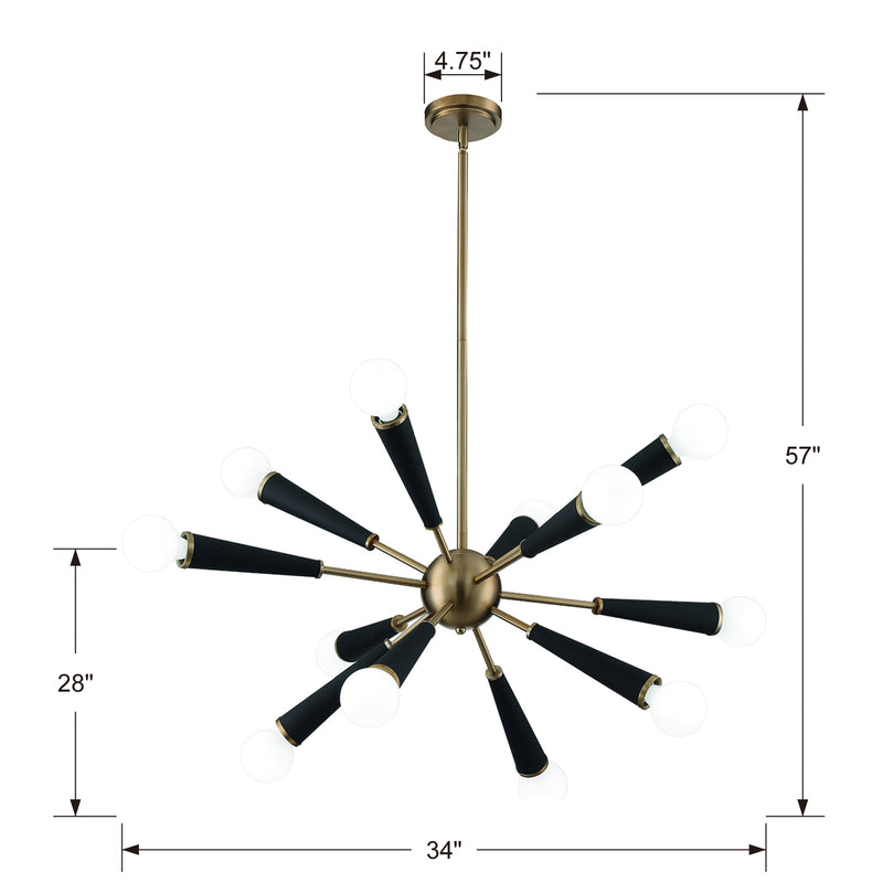 Crystorama 3812-AG 12 Light Chandelier, Aged Brass