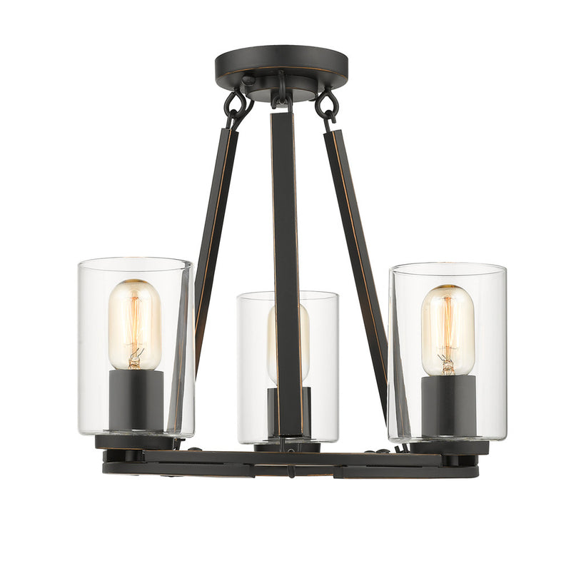 Golden 7041-3 BLK-CLR Three Light Chandelier, Matte Black with Gold Highlights