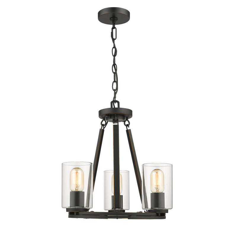 Golden 7041-3 BLK-CLR Three Light Chandelier, Matte Black with Gold Highlights