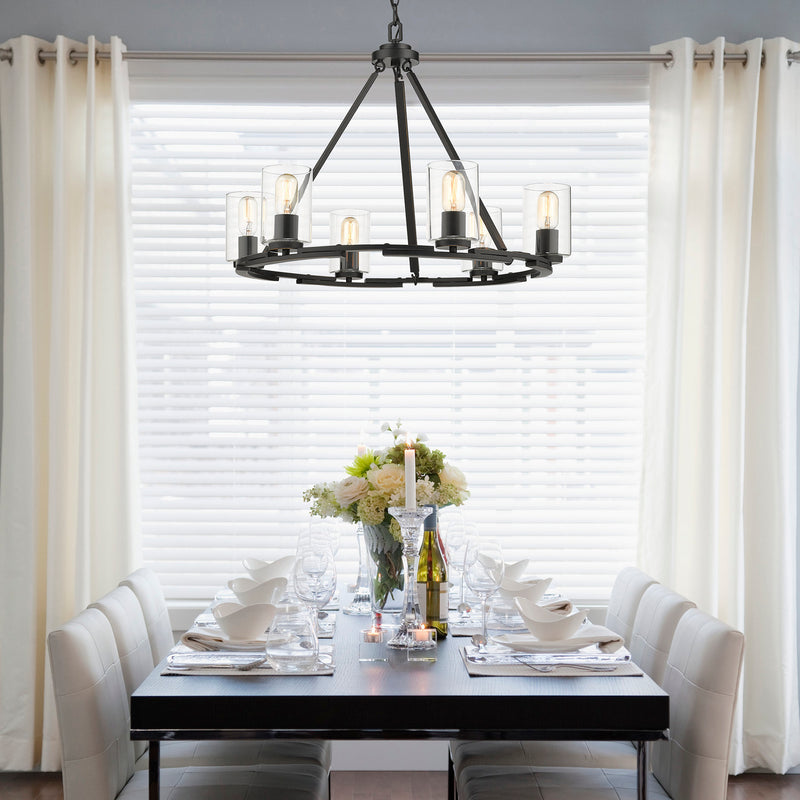 Golden 7041-6 BLK-CLR Six Light Chandelier, Matte Black with Gold Highlights