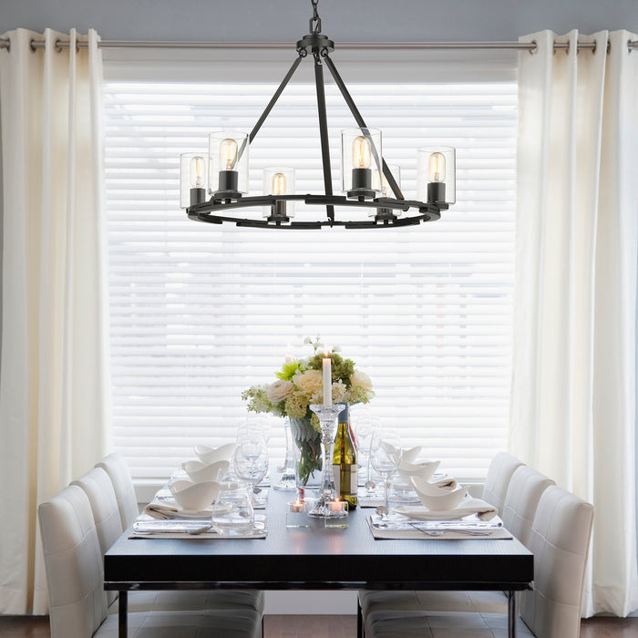 Golden 7041-6 BLK-CLR Six Light Chandelier, Matte Black with Gold Highlights