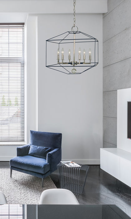 Framburg 5306 PN/MBLACK Six Light Chandelier, Polished Nickel w/Matte Black