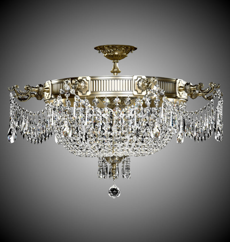 American Brass & Crystal FM8013-P-02G Nine Light Flush Mount, Antique Black Glossy