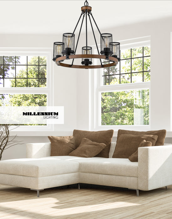 Millennium 3525-MB/WG Five Light Chandelier, Matte Black/Wood Grain