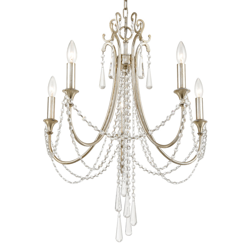 Crystorama ARC-1905-SA-CL-MWP Five Light Chandelier, Antique Silver