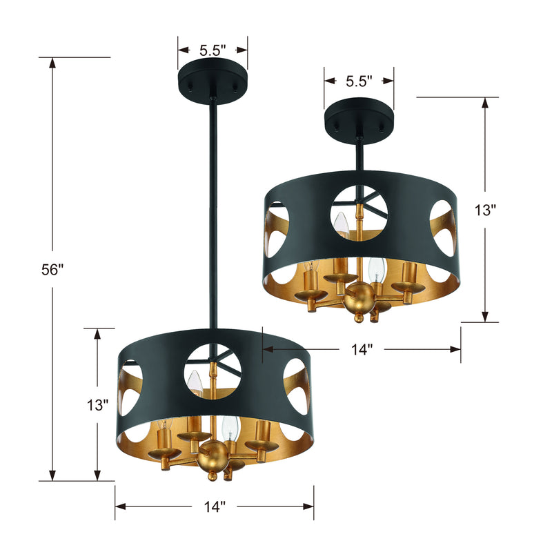 Crystorama ODE-700-BK-GA_CEILING Four Light Semi Flush Mount, Black + Antique Gold