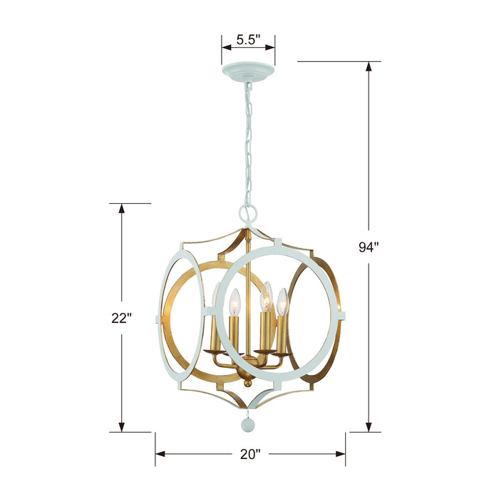 Crystorama ODE-704-MT-GA Four Light Chandelier, Matte White / Antique Gold