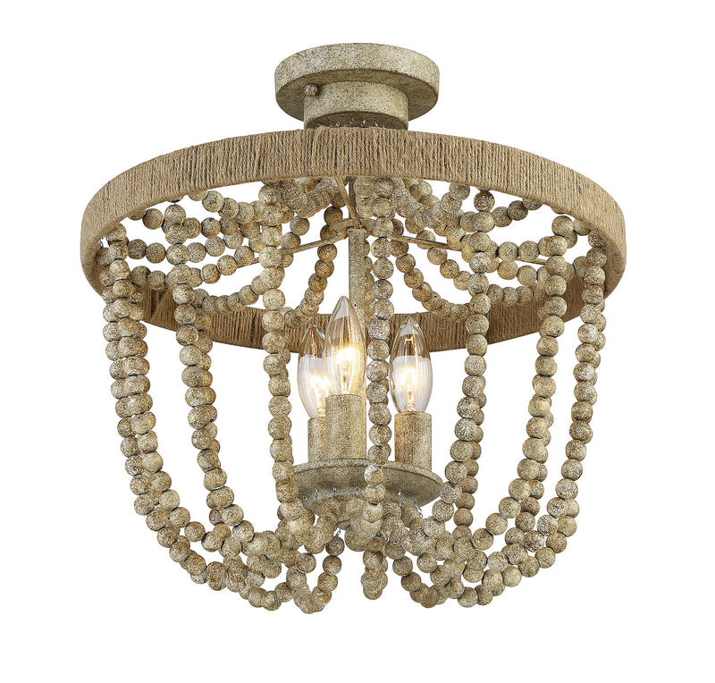 Meridian M60002-97 Three Light Semi-Flush Mount, Natural Wood with Rope