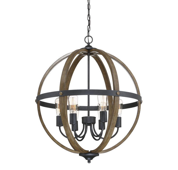 Meridian M70034WB Six Light Pendant, Wood with Black