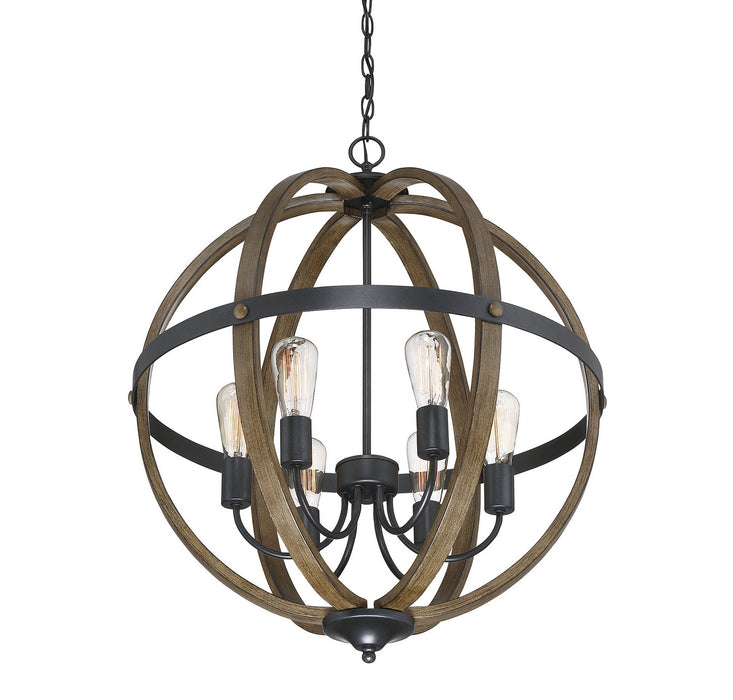 Meridian M70034WB Six Light Pendant, Wood with Black