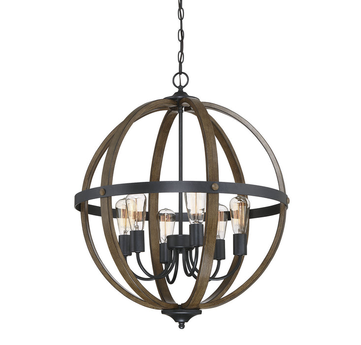 Meridian M70034WB Six Light Pendant, Wood with Black