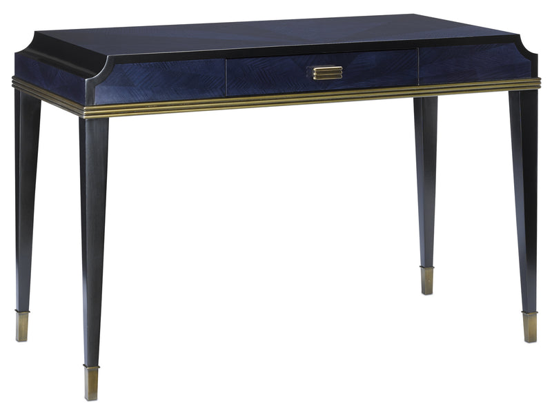 Currey and Company 3000-0123 Desk, Dark Sapphire/Caviar Black/Antique Brass