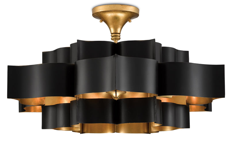 Currey and Company 9000-0429 Six Light Chandelier, Satin Black/Contemporary Gold Leaf