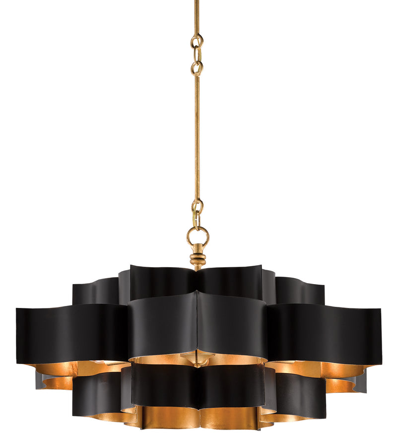 Currey and Company 9000-0429 Six Light Chandelier, Satin Black/Contemporary Gold Leaf