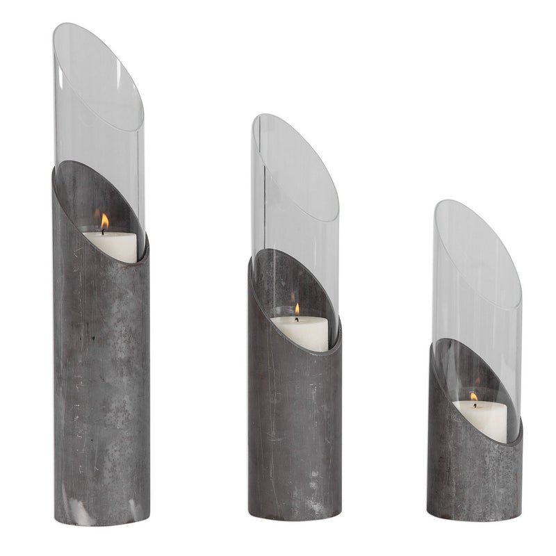 Uttermost 17518 Candleholders, Set/3, Angular Design In Raw Iron And Clear Glass