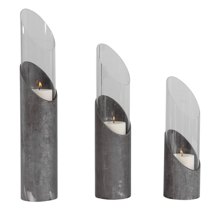 Uttermost 17518 Candleholders, Set/3, Angular Design In Raw Iron And Clear Glass