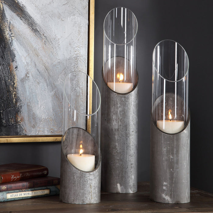 Uttermost 17518 Candleholders, Set/3, Angular Design In Raw Iron And Clear Glass