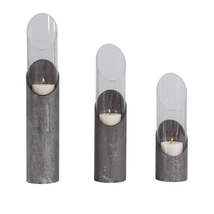 Uttermost 17518 Candleholders, Set/3, Angular Design In Raw Iron And Clear Glass