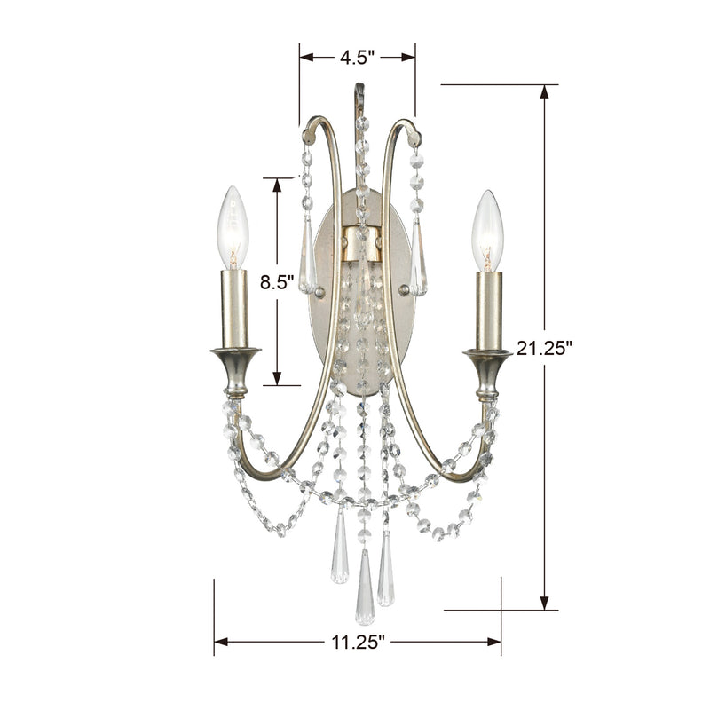 Crystorama ARC-1902-SA-CL-MWP Two Light Wall Sconce, Antique Silver