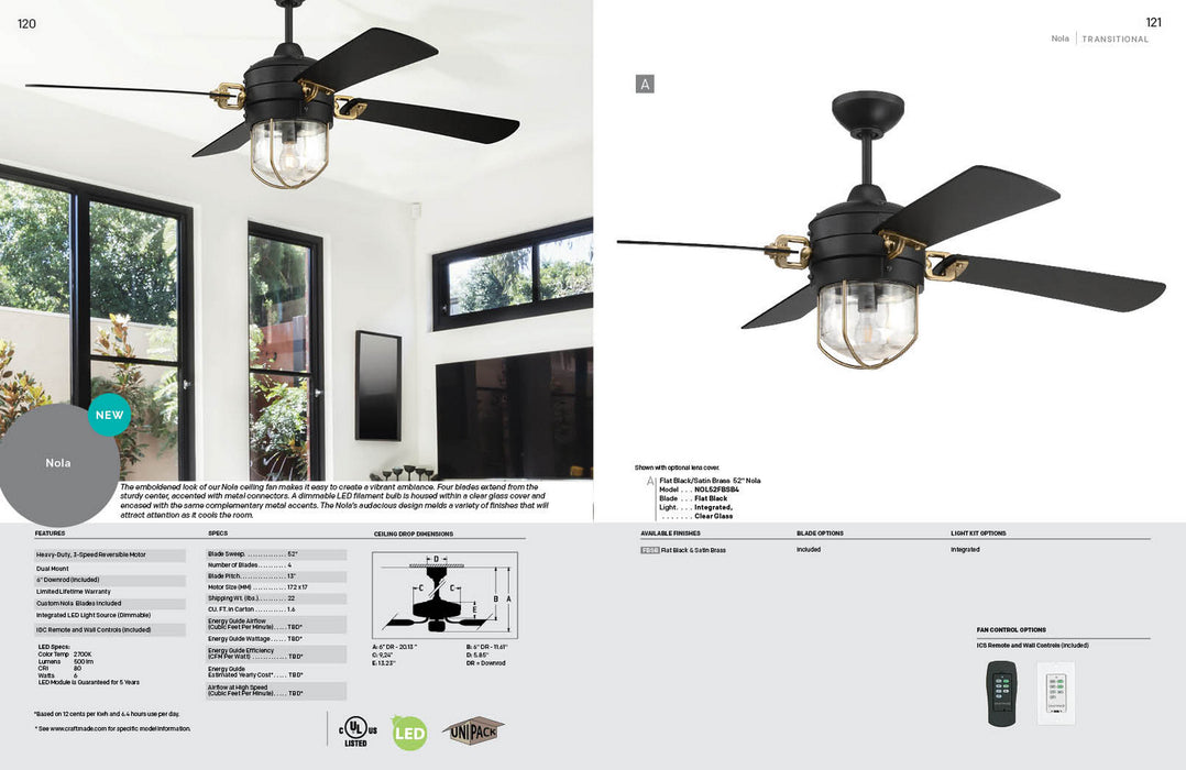 Craftmade NOL52FBSB4 52"Ceiling Fan, Flat Black/Satin Brass