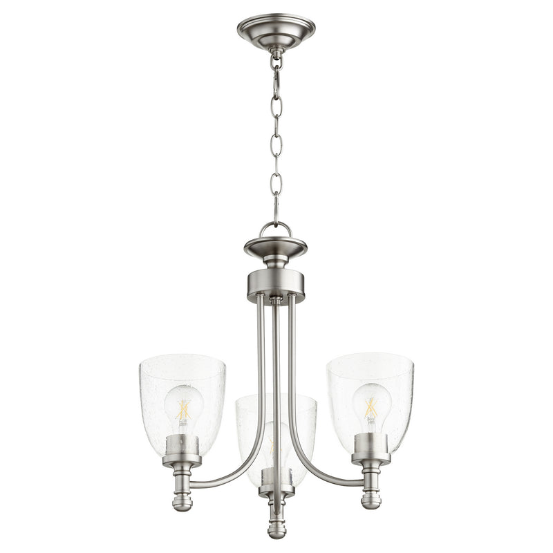 Quorum 6122-3-265 Three Light Chandelier, Satin Nickel w/ Clear/Seeded
