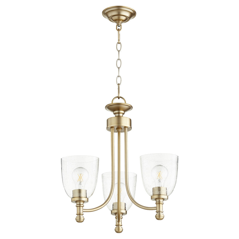 Quorum 6122-3-280 Three Light Chandelier, Aged Brass w/ Clear/Seeded