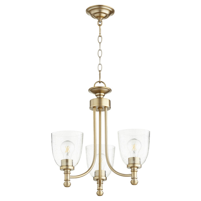 Quorum 6122-3-280 Three Light Chandelier, Aged Brass w/ Clear/Seeded
