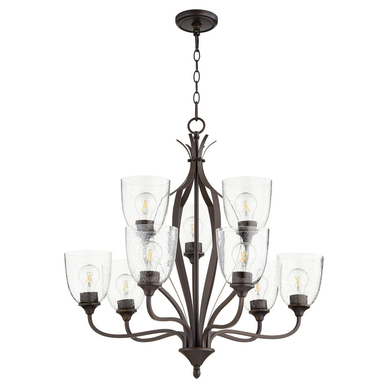 Quorum 6127-9-286 Nine Light Chandelier, Oiled Bronze w/ Clear/Seeded