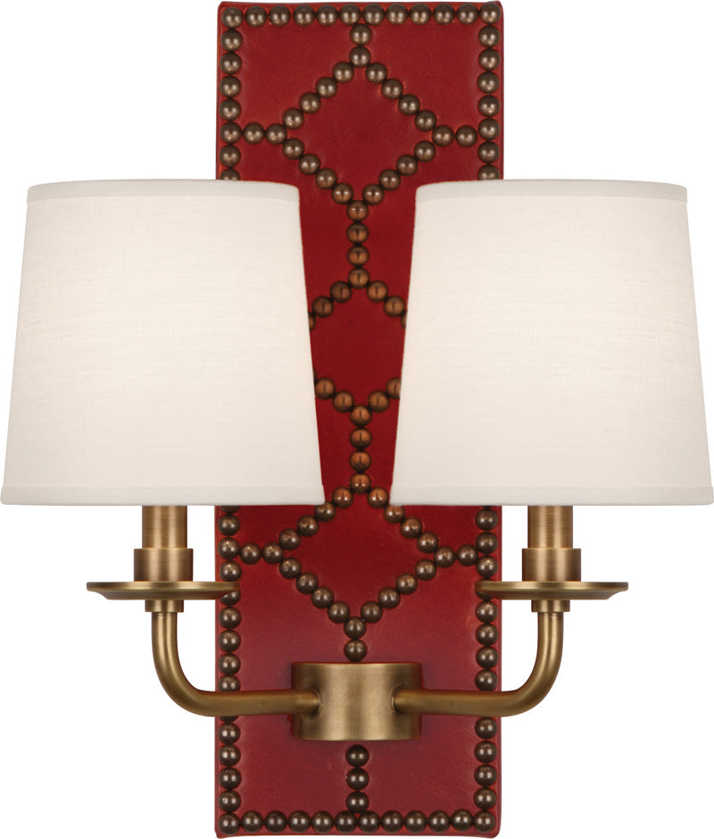 Robert Abbey 1031 Two Light Wall Sconce, Dragons Blood Leather w/Nailhead/Aged Brass
