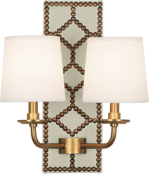 Robert Abbey 1032 Two Light Wall Sconce, Bruton White Leather w/Nailhead/Aged Brass